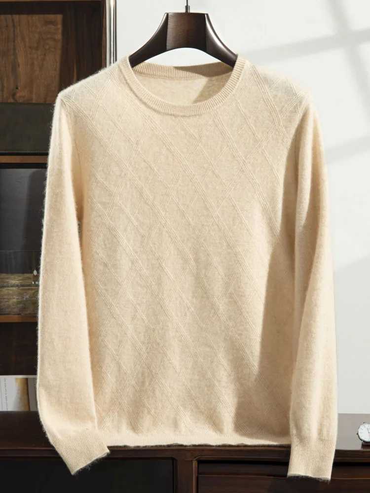 Autumn New 100% Pure Goat Cashmere Sweater Men's O-Neck Knitted Pullovers Leisure Jacquard Loose Tops Youth High-End Base Shirt 4