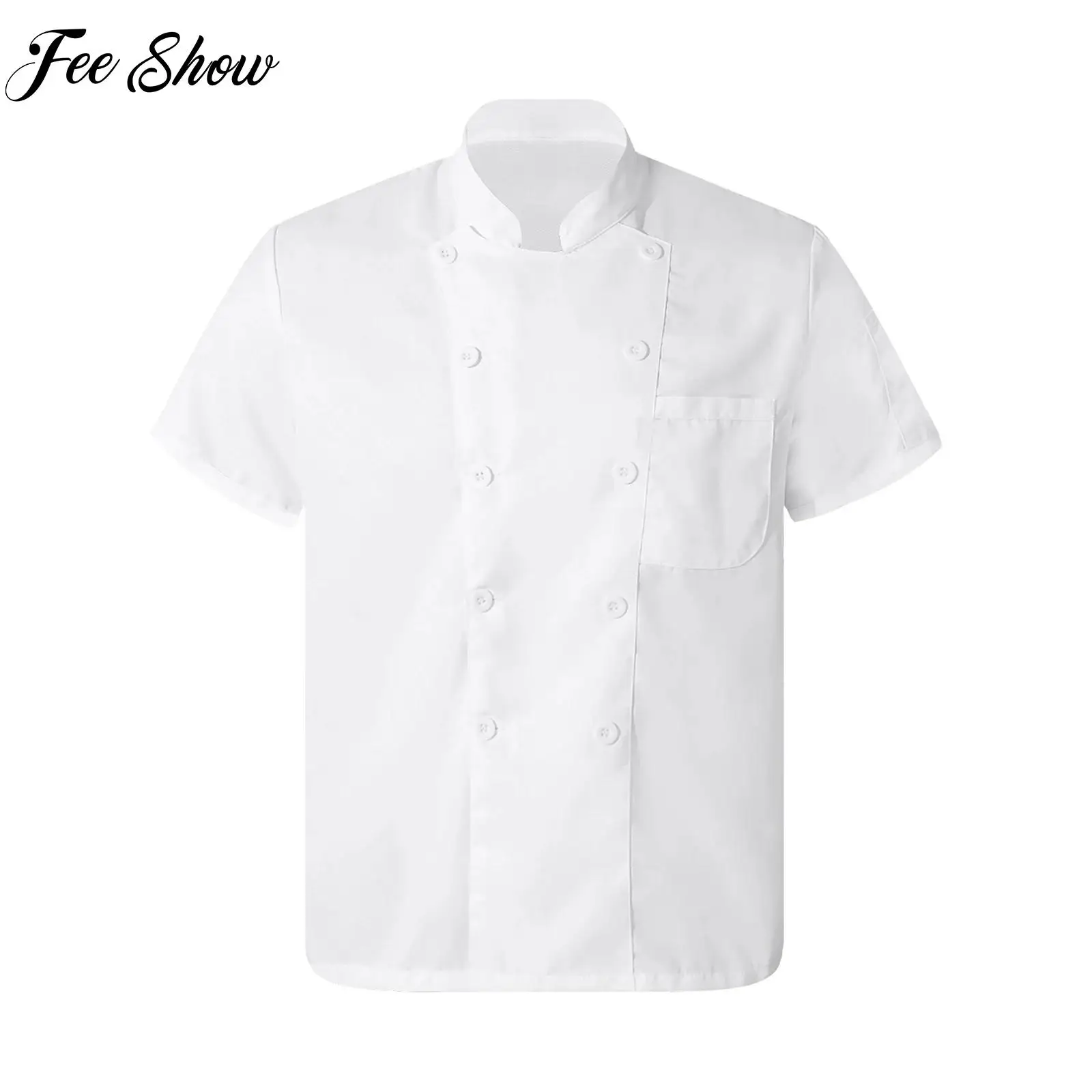 

Mens Womens Short Sleeve Stand Collar Chef Coat Canteen Restaurant Hotel Cook Uniform Button Work Shirt