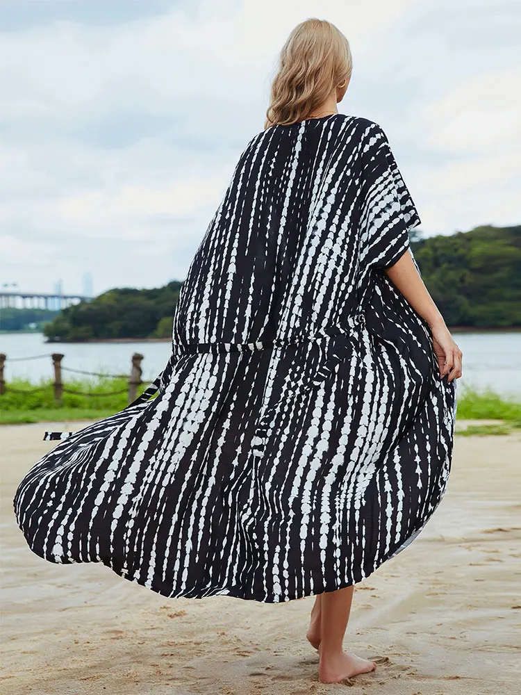 Bikini Cover-ups Black Retro Striped Self Belted Women Summer Clothing Kimono Dress Beach Wear Swim Suit Cover Up Q1225 beach cover swimsuit cover beach dress