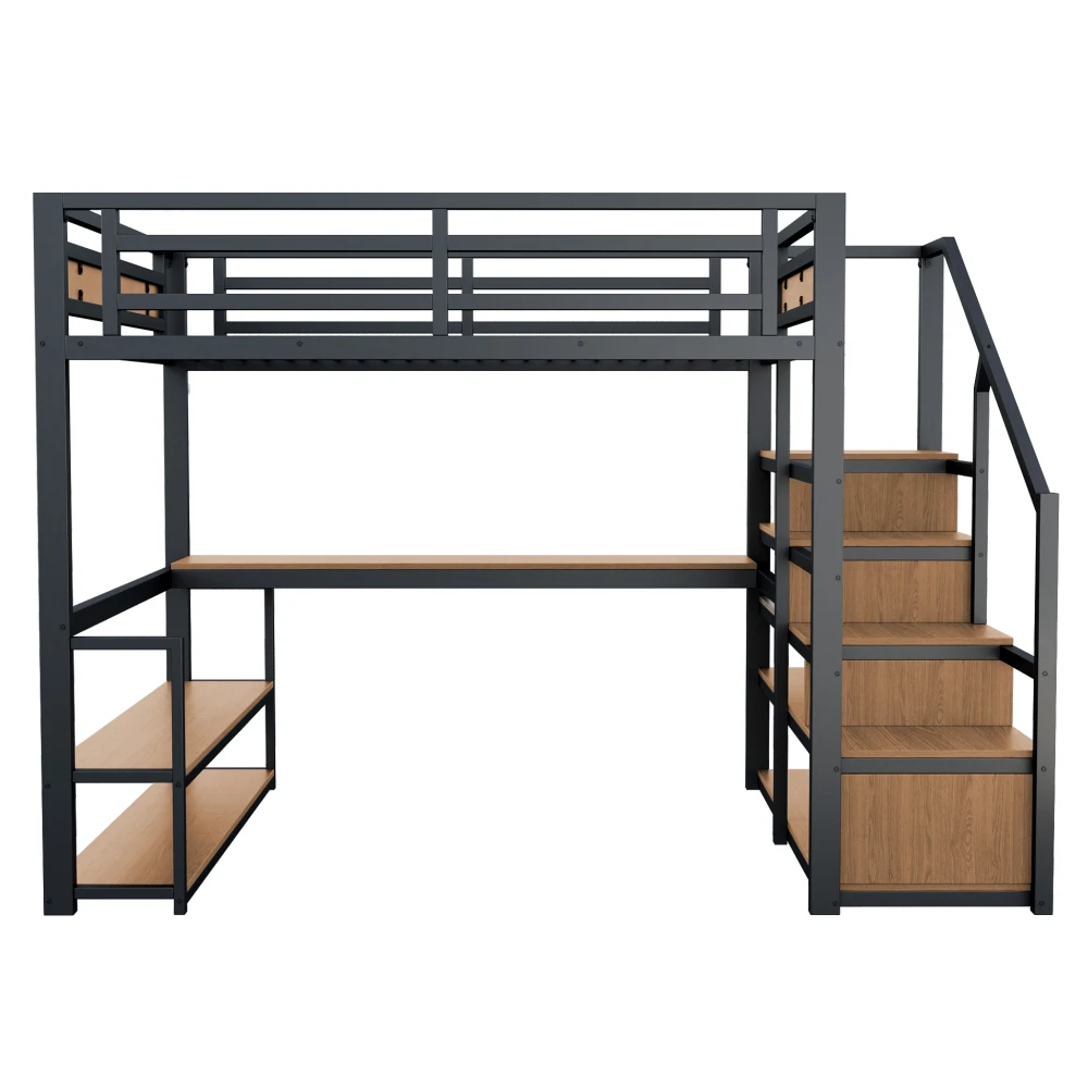 140x200 Metall-Hochbett mit Stauraum, Leiter, Regalen und Tisch, Sicherheitsgeländer-Design mit Geteilten Metallregalen, Eisenrahmen-Bett – Detail 8