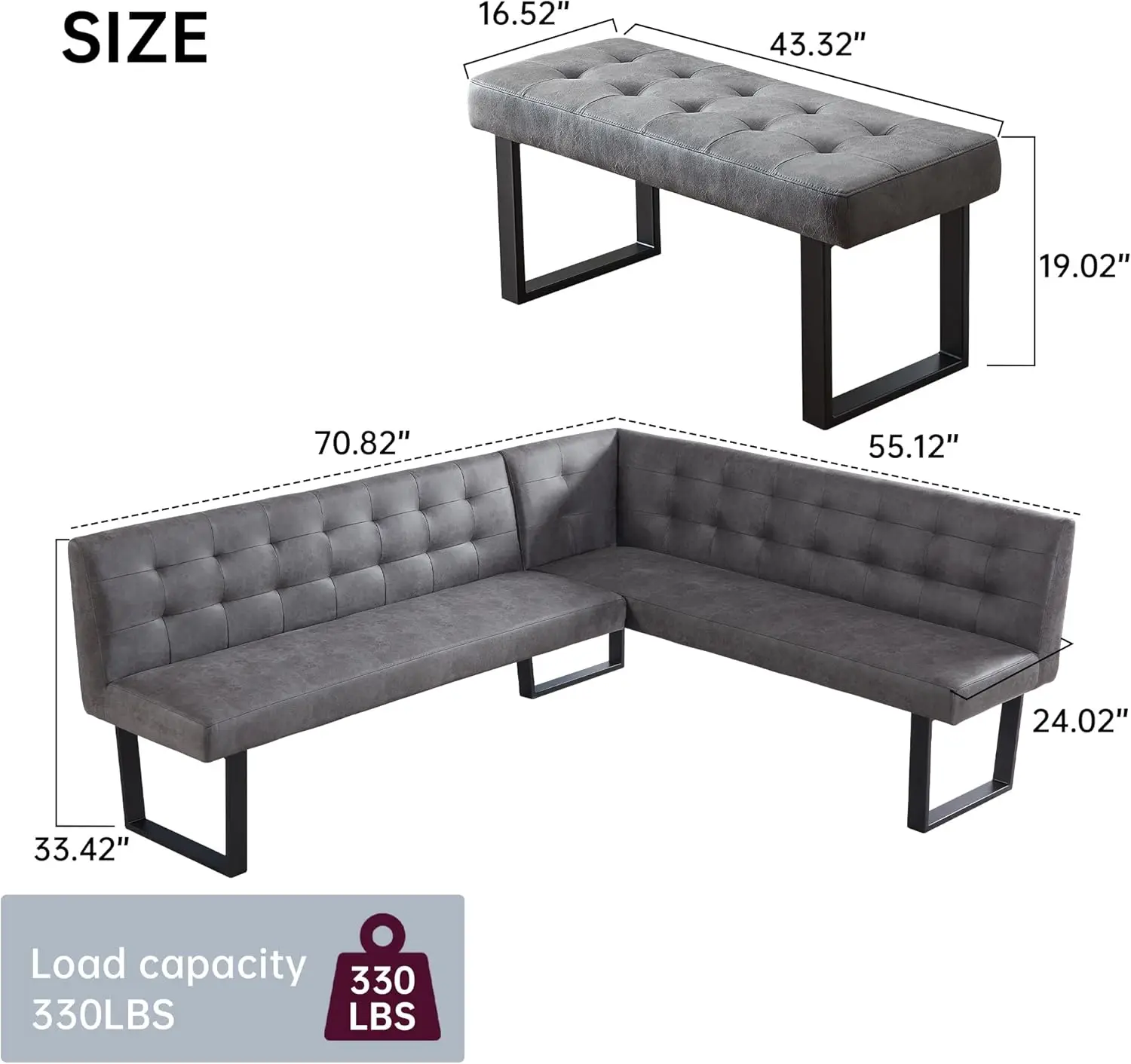 Modern L-Shaped Dining Bench, Vintage Fabric Upholstered Corner Sofa with Metal Legs for Kitchen Nook, Living Room