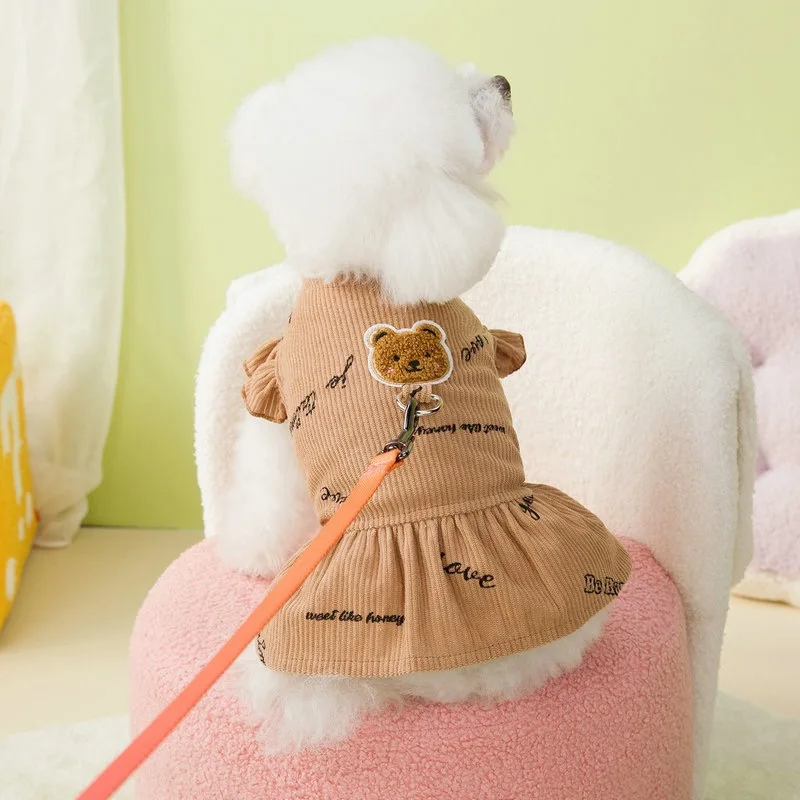 Cute Teddy Bear Dog Dress Luxury Corduroy Skirt Chihuahua Traction Harness Puppy Spring Clothes Carnival Costumes for Small Pets