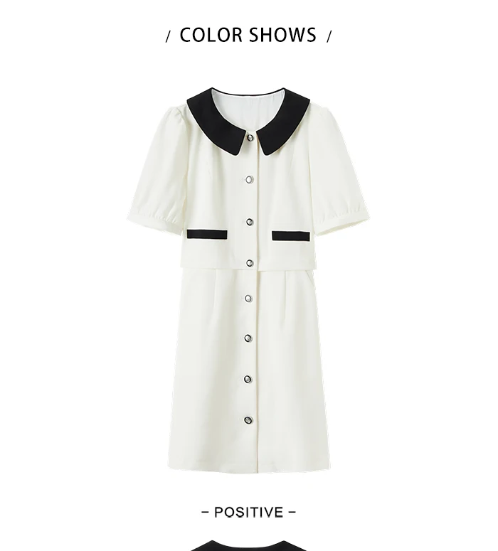 Dress Women Contrast Texture Fake Two Pieces Summer New Bubble Sleeve Breasted Short Dress Elegant Small Fragrance