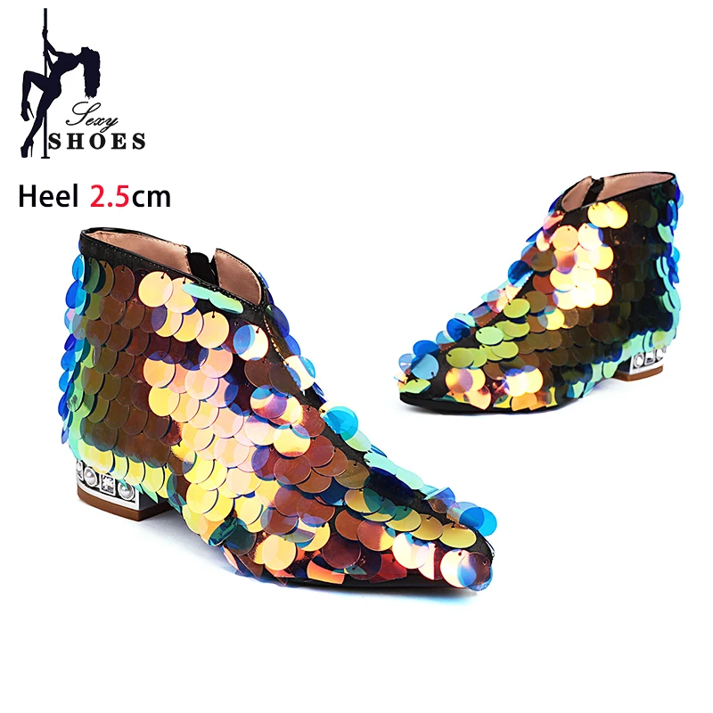 Womens Low Heel Ankle Boots Stage Show Bling Shiny Sequins High Heels Trend Glitter Party Shoes Ladies Pointed Toe Short Boots