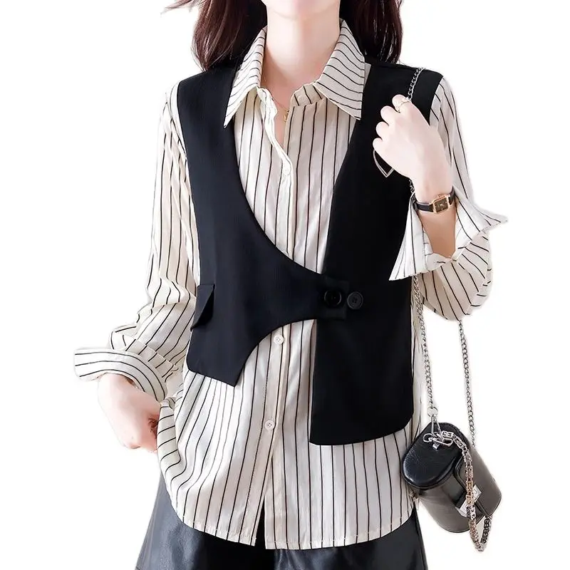 QOERLIN Fashion Fake Two-Piece Embroidered Striped Blouse 2024 New Long Sleeve Turn-Down Collar Button Up Blouse Elegant Tops blouses plaid drawstring fake two piece blouse coffee in brown size s xl