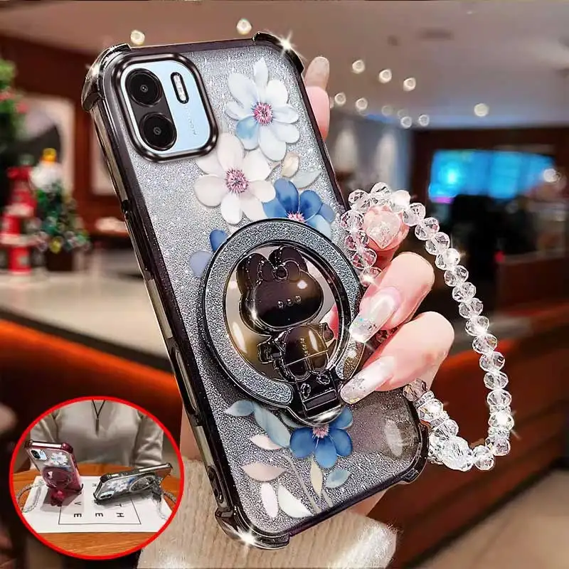 Attractive Flower Phone Case Set with Lanyard and Circular Stand, 3-Piece Pack