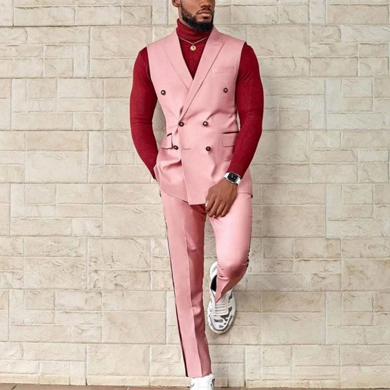 Made Pink Notch Lapel Double Breasted Wedding Slim Fit Groom Tuxedo Terno Masculino Prom Blazer Men Suits (Vest+Pants)