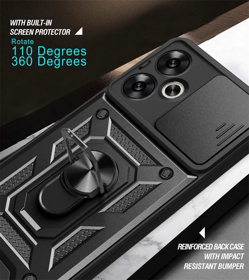 Slide Lens Protect Phone Case with Metal Ring Stand and Armor Back Cover