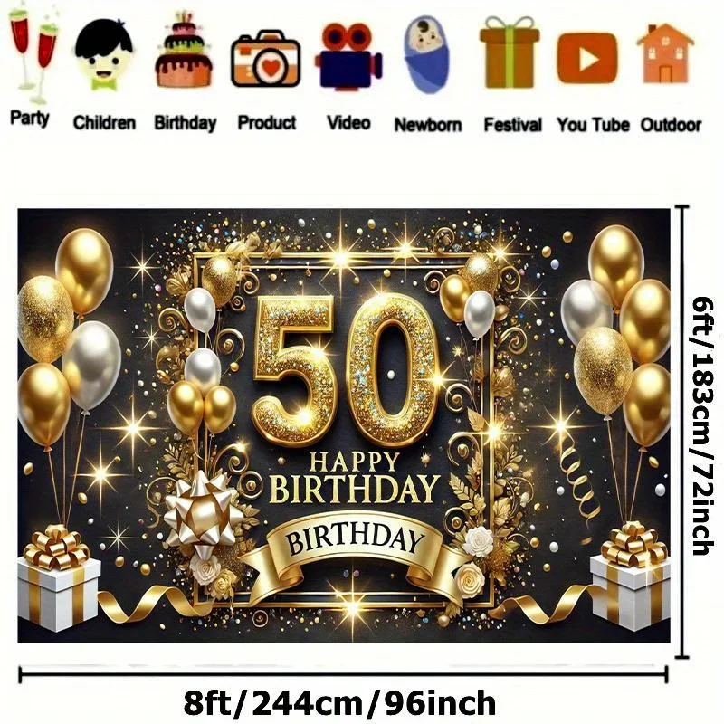 Polyester-Banner für die 50. Geburtstagsfeier, in Gold und Schwarz, geeignet für Geburtstagsfeiern und Familienfeiern – Detail 3