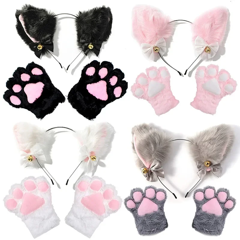 Anime Hair Accessories Costume Headband Cat Ear Bow Headband Necklace Cat Claw Gloves Cosplay Plush Bell Hairband Women Girl Masquerade Party Headwear Hair Accessories