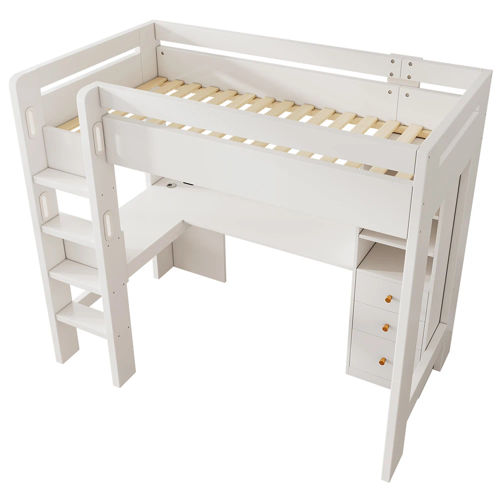 KOMHTOM 90×200 cm Hochbett mit L-förmigem Schreibtisch, Regalen, Schubladen, USB/Typ-C-Ladestation, Leiter und Holzlattenrost – Detail 6