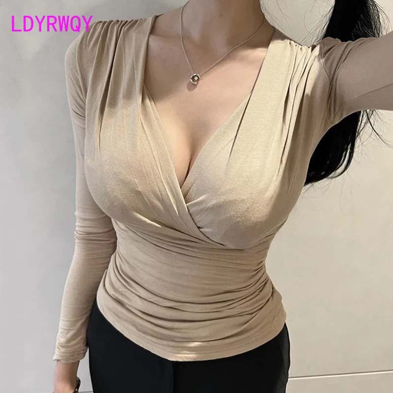 

South Korea 2023 New Style Commuting V-Neck Show Body Cross Fold Slim Fit Long Sleeve Underlay T-shirt