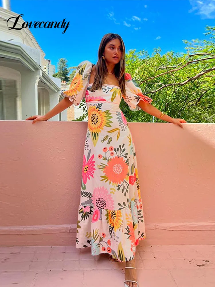 여성용 우아한 프린트 스퀘어 넥 스윙 원피스, 랜턴 슬리브, A 라인 드레스, ..