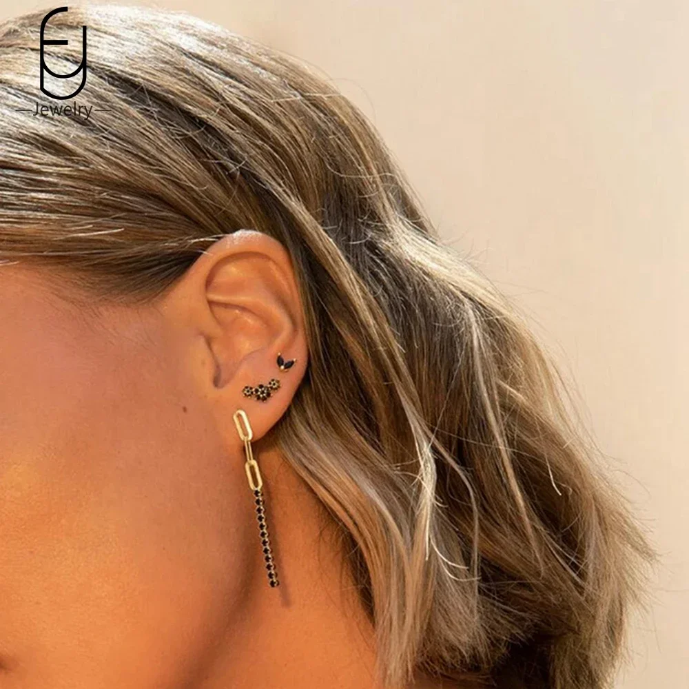  귀 버클 패션 후프 귀걸이 블랙 크리스탈 펜던트 골드 귀걸이 고품질 여성 쥬얼리 선물