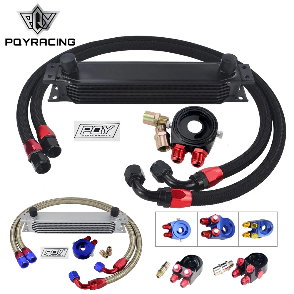Oil Cooler Kit 7 Rows Oil Cooler Kit AN10 Transmission Oil Cooler Kit + Filter Adapter + Stainless Steel Braided Hose With PQY Sticker + Box