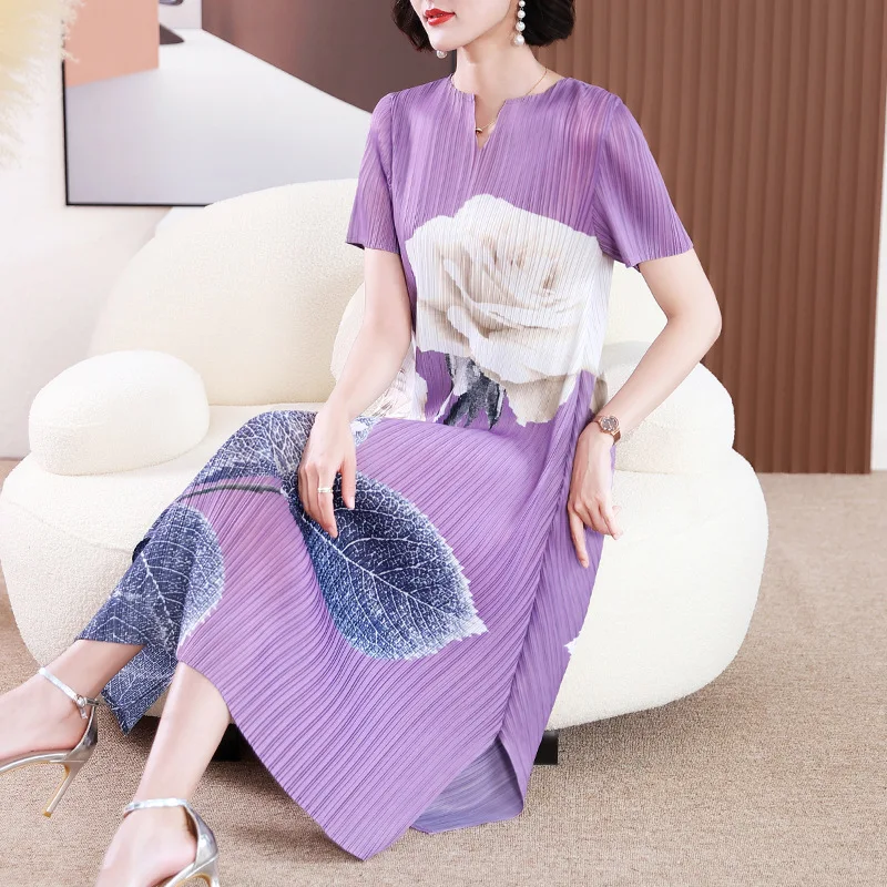 

Miyake Style Pleated Dress for Women 2023 Summer Fashion Print Round Neck Loose Plus Size Casual A- Line Luxury Evening Dresses