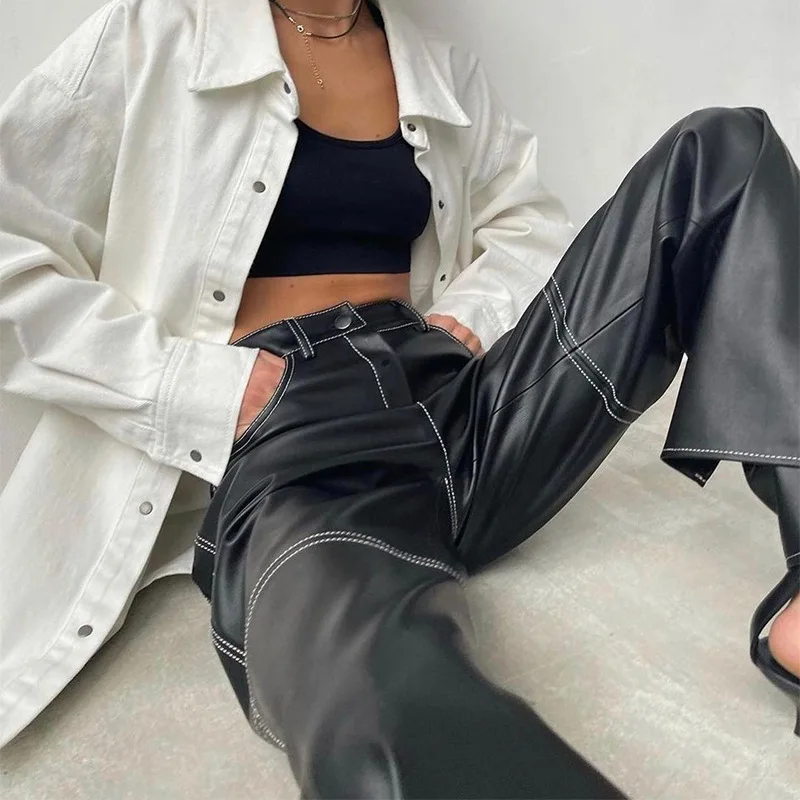 Gothic Black PU Leather Wide Leg Pants Women Trousers Streetwear Bottom Casual Punk Pants Outfits  2021 Autumn Wide Leg Pants y2k retro streetwear black cargo jeans women gothic punk vintage kpop print wide leg denim panrts female autumn trousers