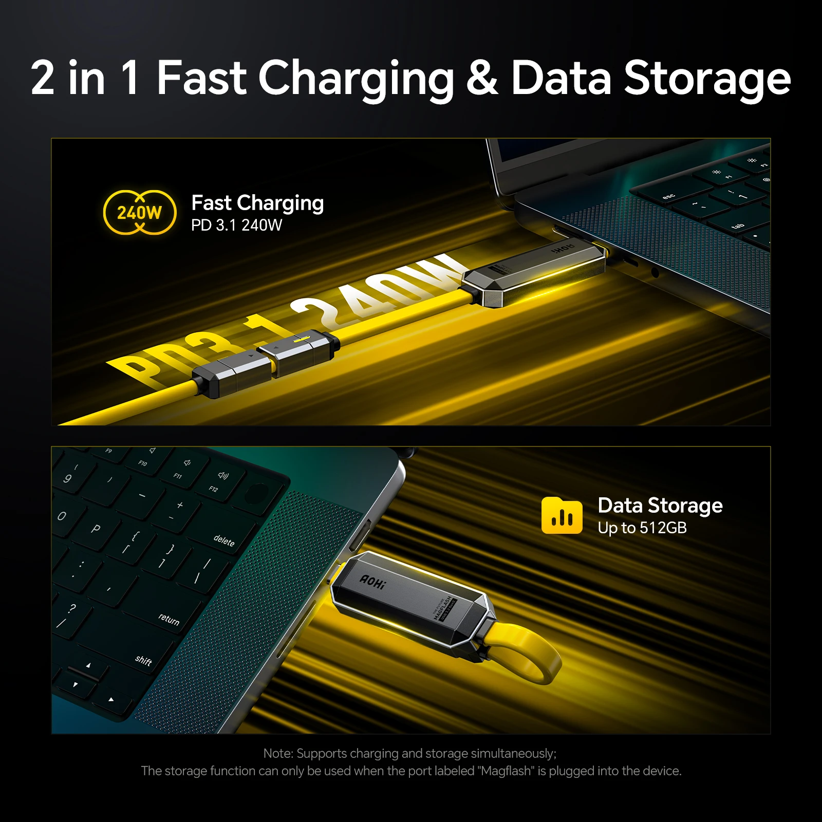 AOHI 퓨처 매그플래시 2-in-1 충전 및 데이터 저장 케이블 세트 고속 충전 USB 3.2 Gen2 타입 C SSD USB 드라이브