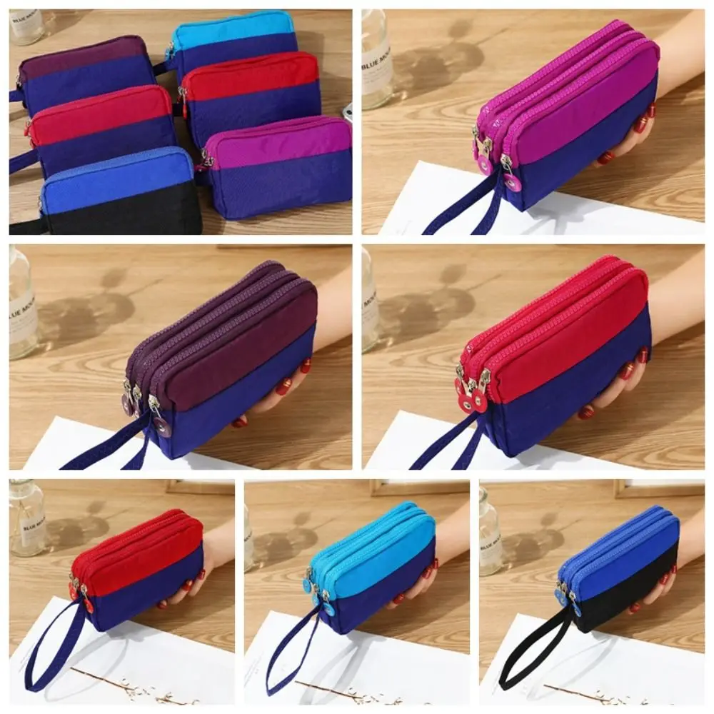 

Nylon Three Layer Coin Purse With Lanyard Waterproof Contrasting Colors Wrist Bag Card Holder Large Capacity Simple Hand Bag