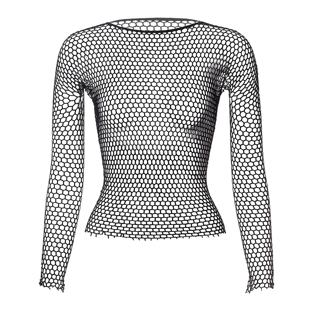 Men Elastic Long Sleeved See-Through Sexy Leaky Hip Shirt Hollow Mesh Underwear Tops Nightclub Sheer Tops Fish Net T-Shirt