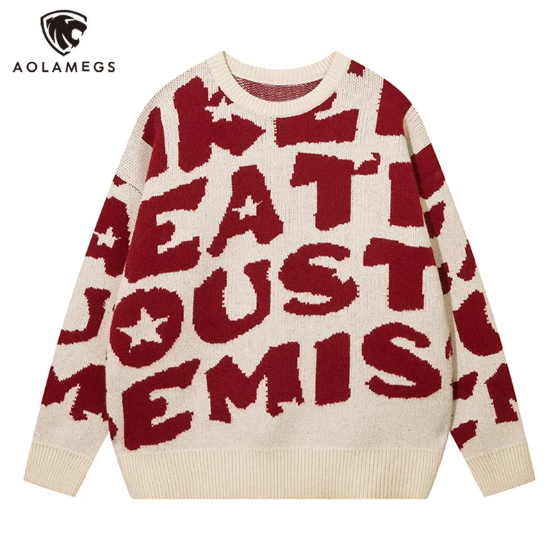 

High Street Colorblock Letter Graphic Full Printed Sweater for Men Oversized Round Neck Rib Sleeve Knit Pullover Autumn Winter