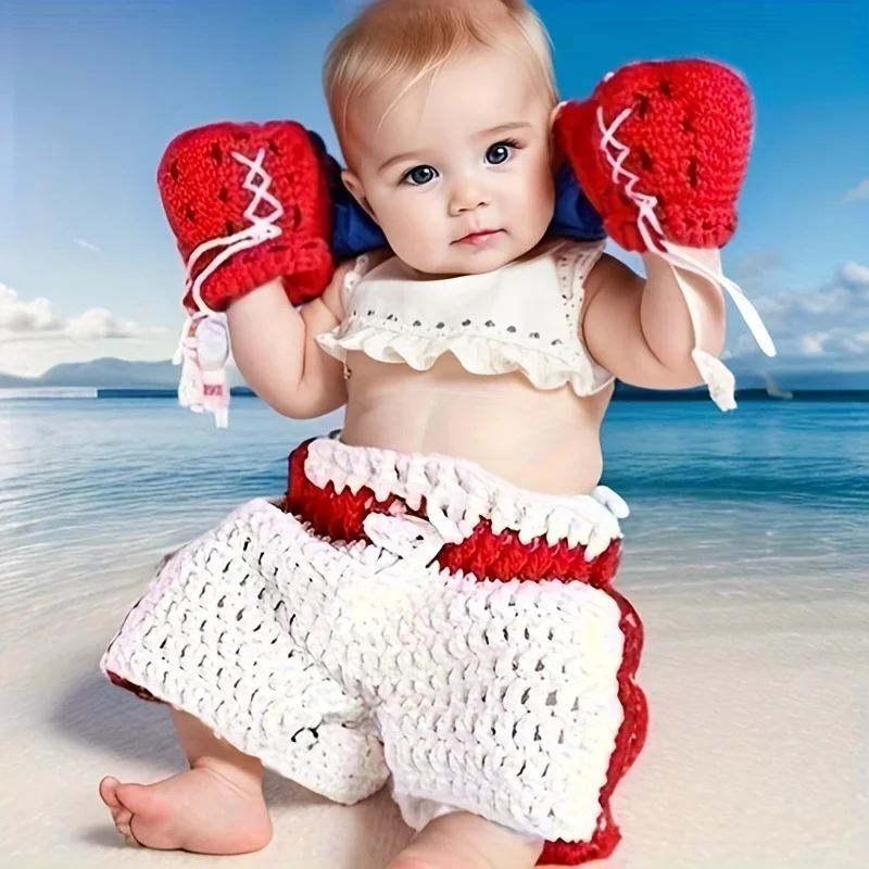 

Newborn Photography Props Baby Boxer Handmade Knitted Cotton Crochet Sets Infant Boxing Gloves and Shorts Baby Photoshoot Outfit