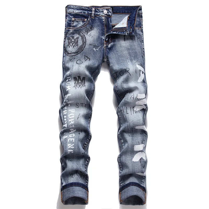 

New Winter 2022 Men's Street Jeans Printed Hip Hop Cotton Mid-Waist Stretch Slim Pants Streetwear