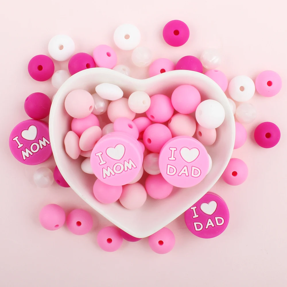 34Pcs/Set Silicone Beads I Love Mum and Dad Round Chew Beads Set Food Grade For Jewellery Making DIY Pacifier Chain Accessories 6