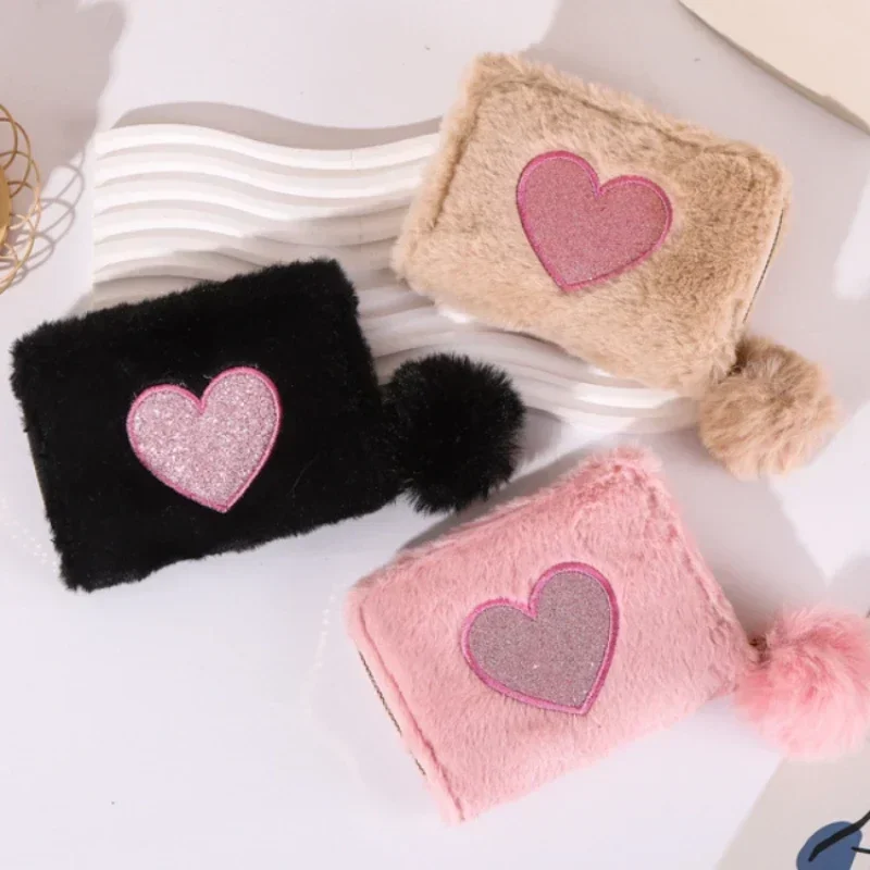 Women's Cute Plush Heart Print Wallet Zipper Coin Purse ID Credit Card Holder Clutch Bag Mini Purse Coin Pouch Card Wallet 2