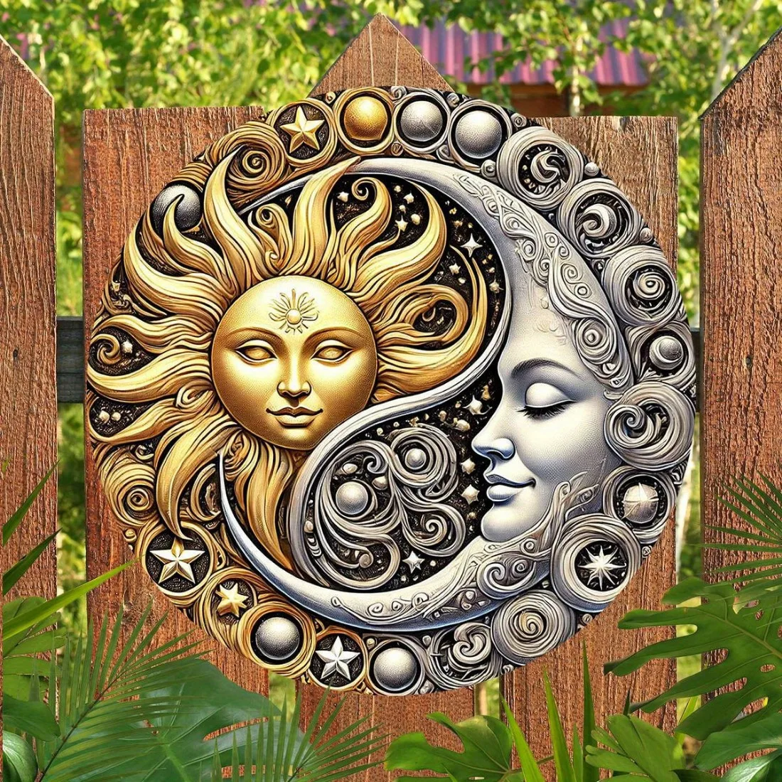 Celestial Sun and Moon Dual-Tone Metal Wall Art - Durable Iron Home and Garden Decoration
