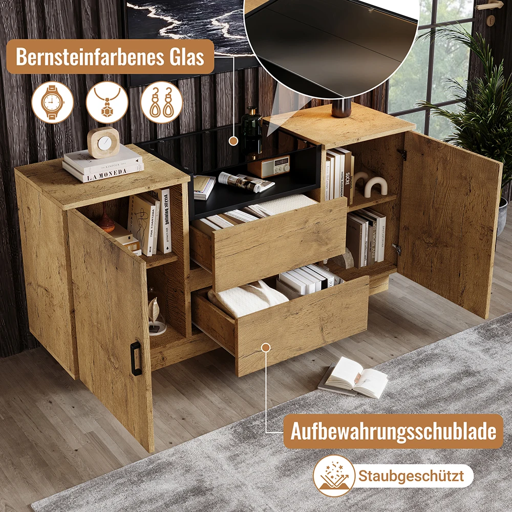 KOMHTOM Eichenoptik Kommode Sideboard mit 2 Schubladen + 2 Schränken, offenem Fach, ESG-Glas und schwarzen Griffen – Detail 6