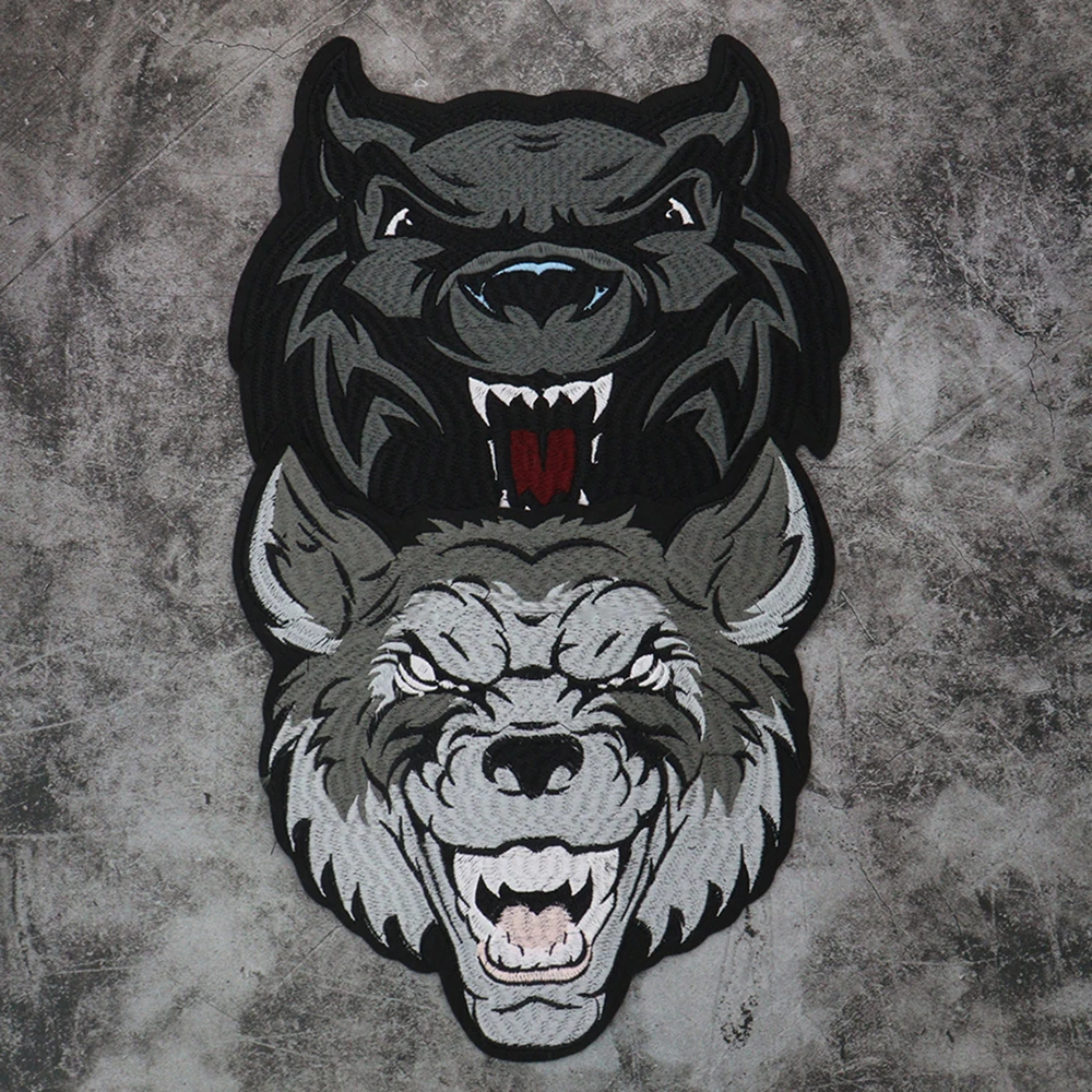 Embroidery Sew-On Wolf Head Patch - 2 Piece Set, Large Size (Approx. 23.5x26cm), Gray/Black, For Jackets & Bags