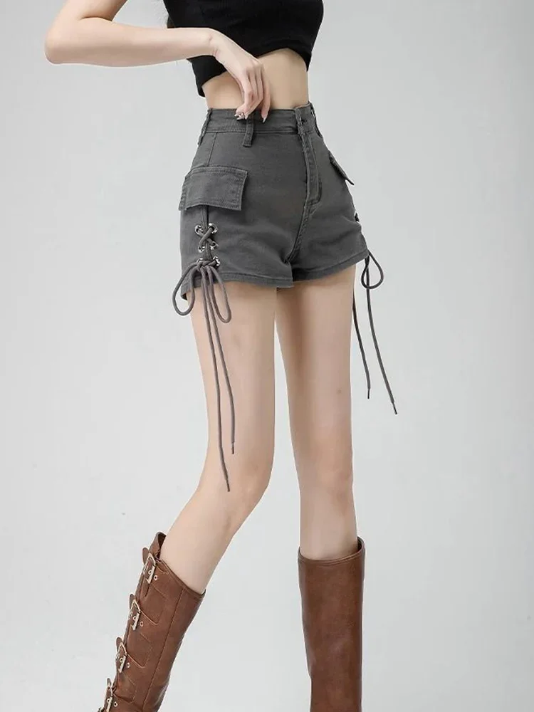 2024 Vintage Streetwear Denim Cargo Shorts Women Sexy High Waist Grey Shorts Slim Lace Up Amercian Retro A Line Shorts