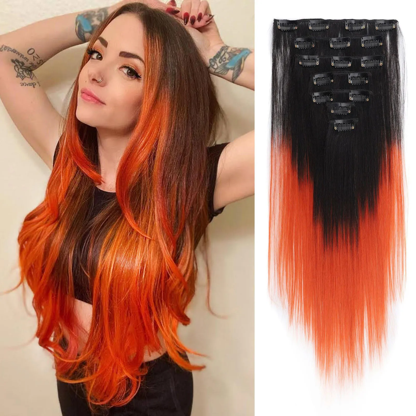 Zolin Synthetic Haiirpiece Black Brown Orange Ombre Color Clip In Hair Extensions 7Pcs/set With 16clips Short Straight Hair