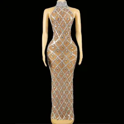 Women Sexy Stage Shining Rhinestone Sequins Dress Evening Prom Birthday Dress Transparent Performance Singer Club Host Dress