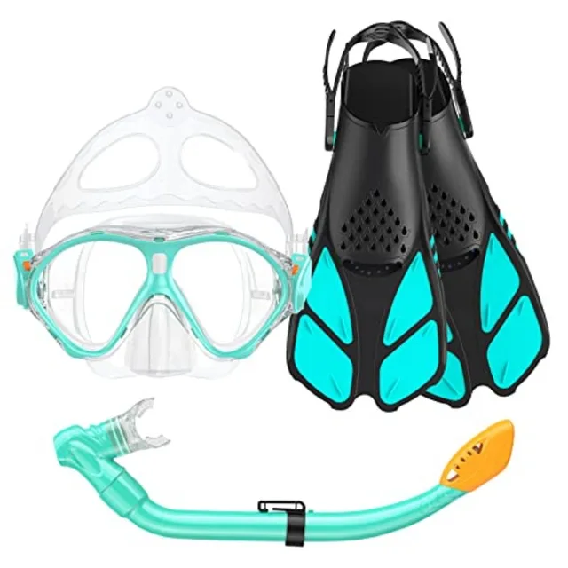 Snorkel Set, Mask Fins Snorkeling Gear for Anti-Fog Swim Goggles 180 Panoramic View Dry Top Snorkel and Dive Flippers Combo wit