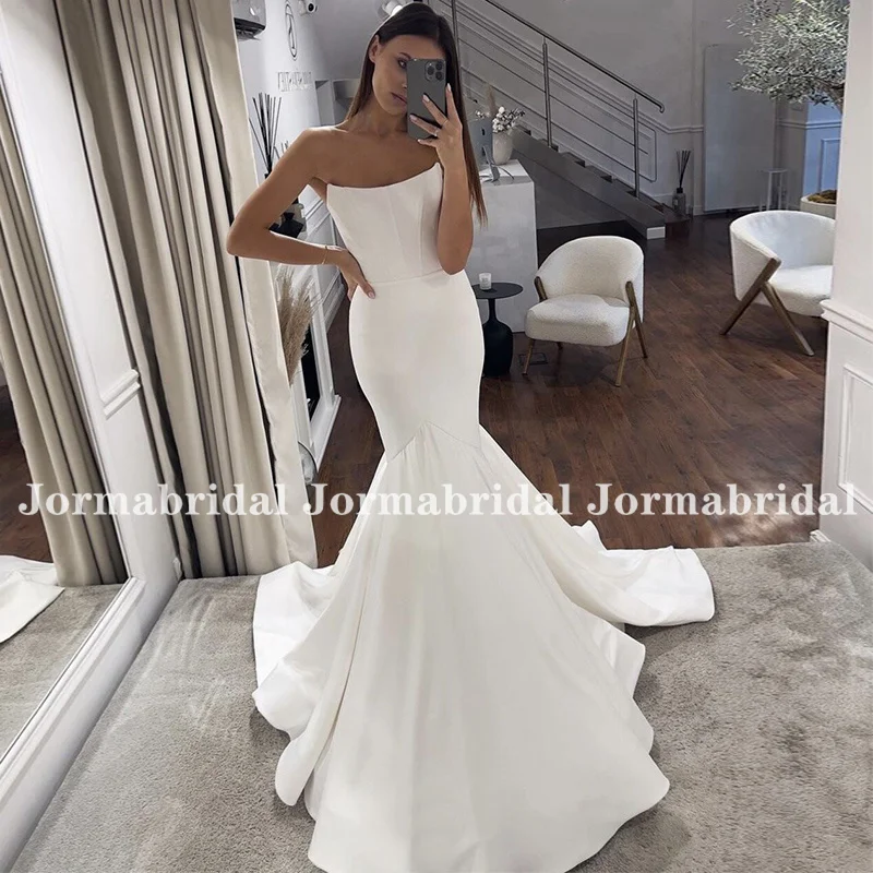 

Corset Bodice Fishtail Wedding Dresses Sexy Strapless Long Mermaid Satin Bridal Gowns White Ivory Beach Bride Vestidos De Novia