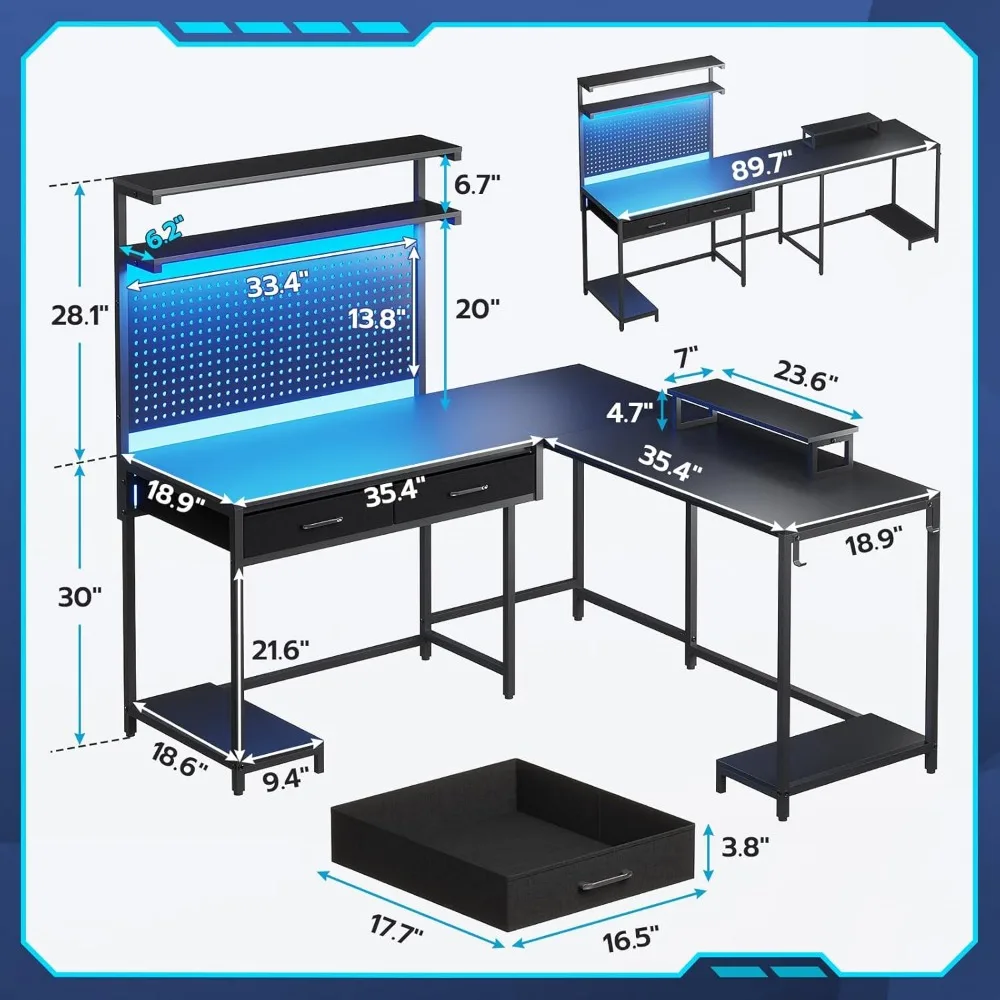 L Shaped Gaming Desk with LED Lights, Pegboard and Drawers, Gaming Desk with Hutch, Computer Desk with Monitor Stand, Sto 3