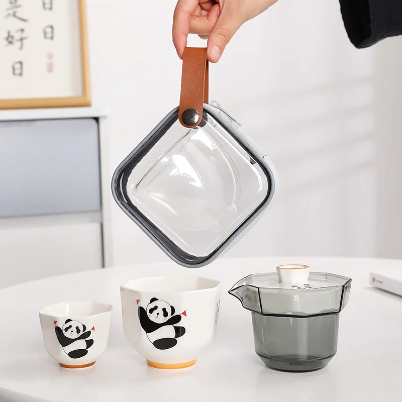 

Panda Travel Tea Set Quick Guest Cup One Pot Two Cups Ceramic Glass Tea Pot Tea Cup Outdoor Portable Bag