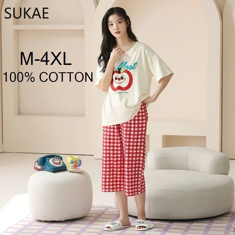 Women Pajamas Set Cotton M-4XL Summer Sleepwear Short Knee-length Pants Nightwear Capris Loungewear Cartoon Pijama women pajamas set women pajama suit cotton pajamas set