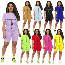 

2022 Summer Print Women Two Piece Set T Shirt + Pants Short Sleeve Loose Mathing Set Sportsuit Clothes For Women Outfit