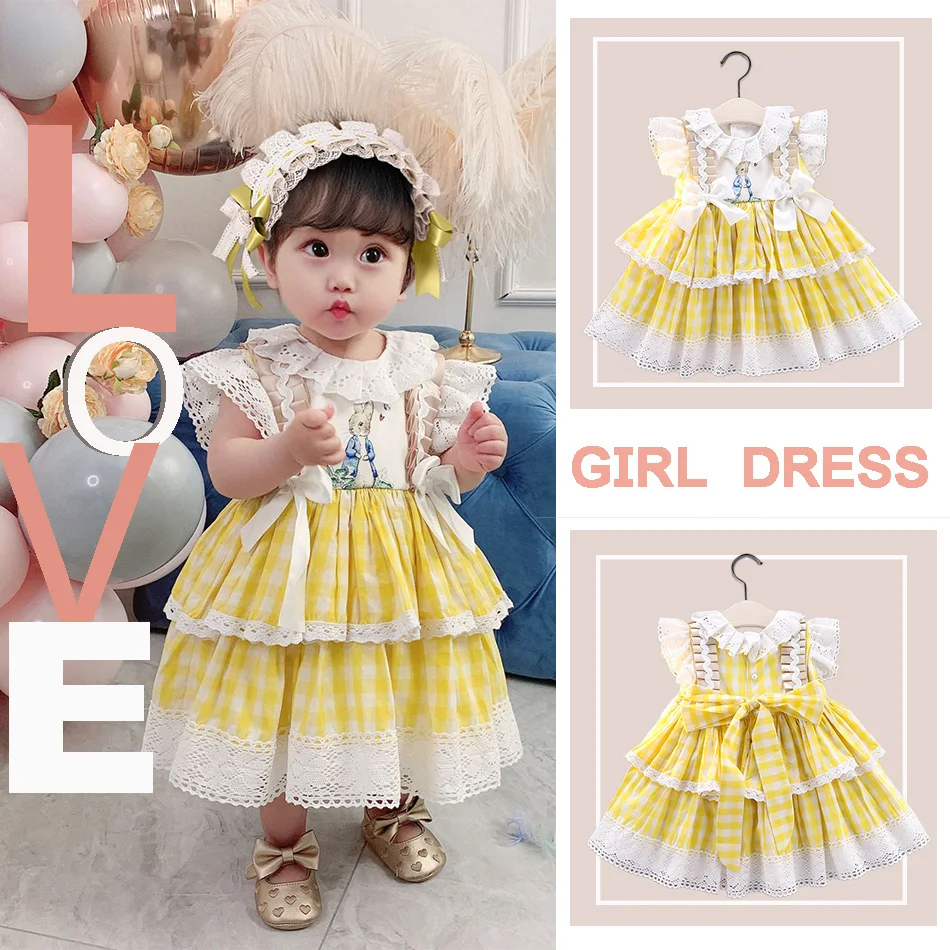 Girls Daily Dress Baby Rabbit Print Lolita Gown Kids Lolita Hair Accessories One Year Old Dress Children Birthday Gift