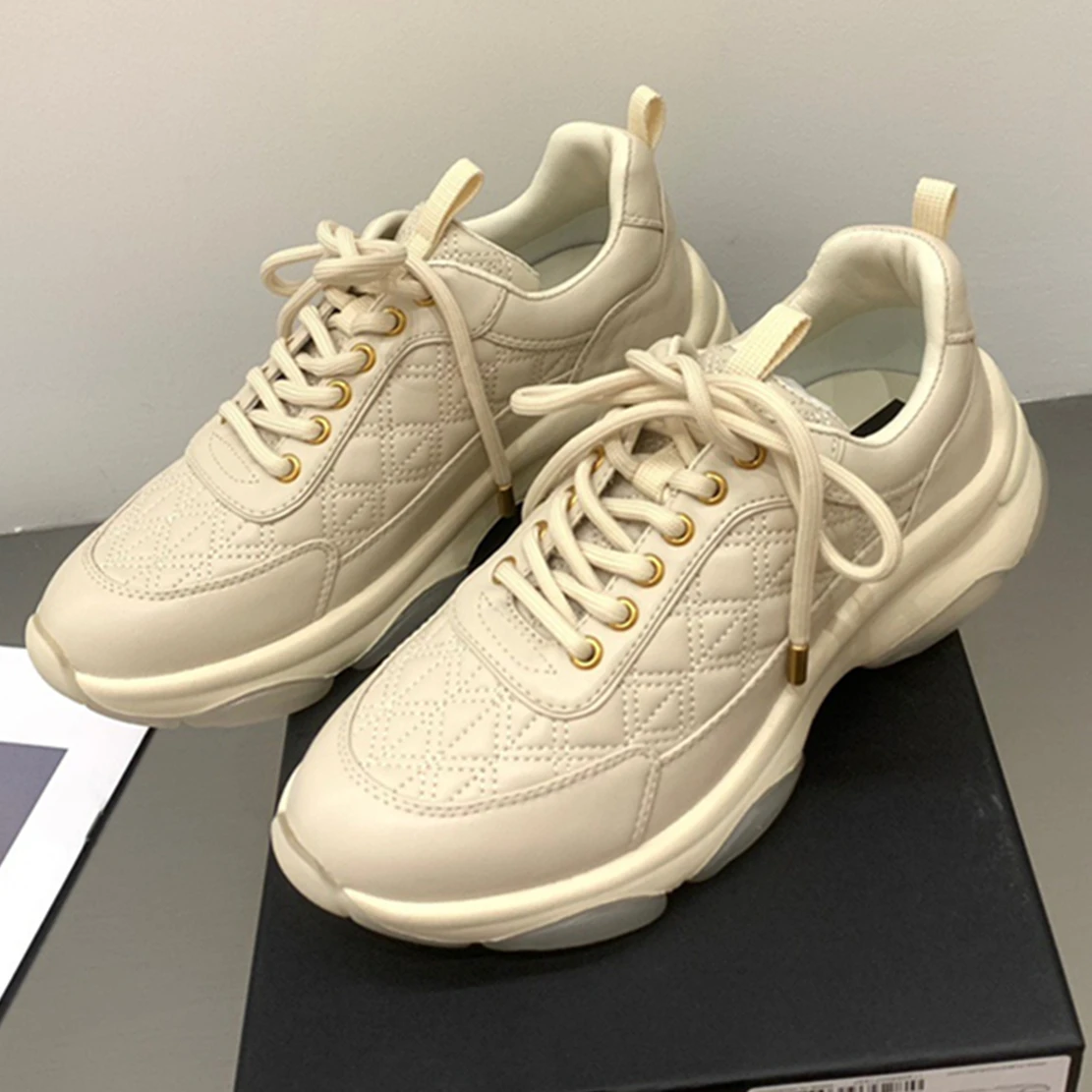 Dave&Di British Fashion Casual Quilted Stitching Leather Flat Shoes Women's Vulcanized Shoes Women Rise Sneakers