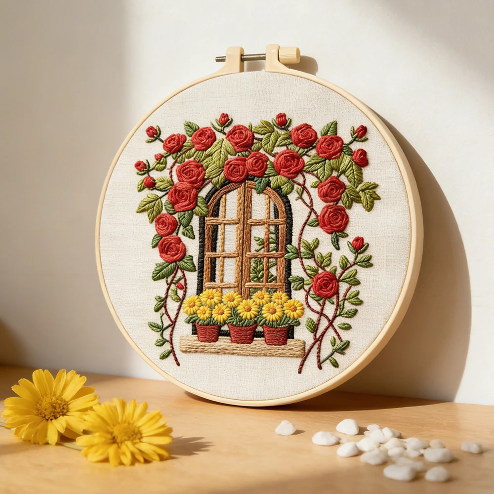 Floral Embroidery Cross Stitch Kit – Stamped Canvas Art