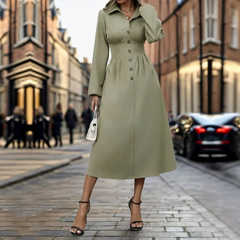 Button Down Front Elastic Waist Pure Color Layered Women Maxi Dress