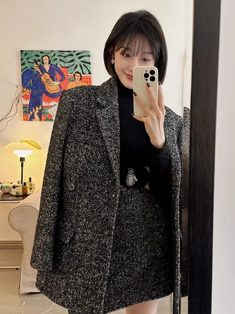 

UNXX Autumn 2023 New Women’s Outfit Matching Whole Set Grey Woolen Suit Dress Suit Autumn Winter High-End Female Office Lady New