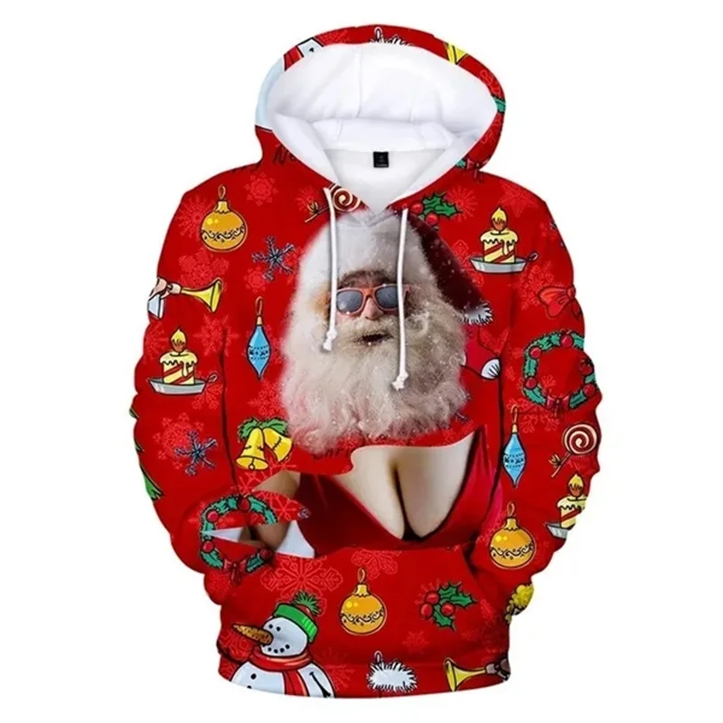 thumbnail image 1 of Sudadera con capucha de Papá Noel para hombre, divertida, con estampado 3D, fea, navideña, de manga larga, informal, para vacaciones, 1 of 5
