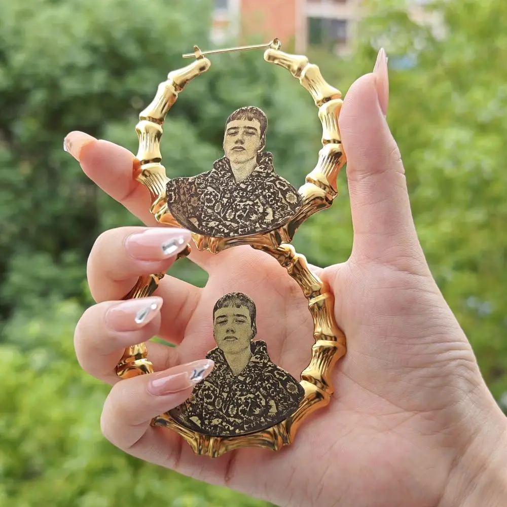 2023 Personalize Photo Bamboo Hoop Earring Custom Engraving Picture Portrait Earring For Women Anniversary Jewelry Gifts
