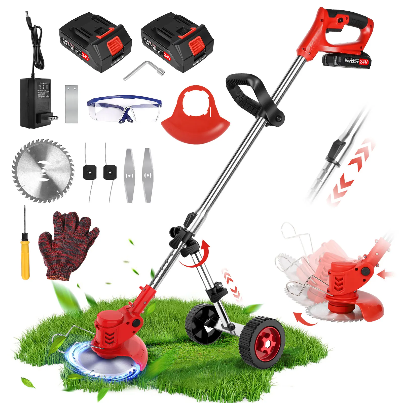 

24V Electric Lawn Mower Weed Wacker 21000RPM Cordless Grass String Trimmer Adjustable Foldable Cutter For Makita with Iron Wheel