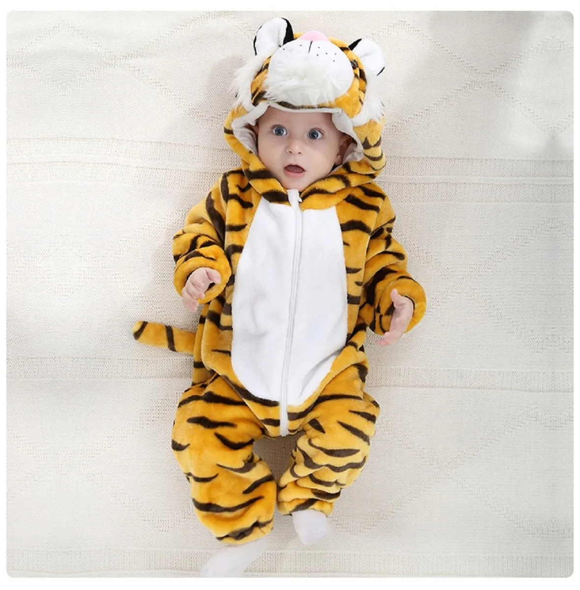 Baby Rompers Winter Costume Flannel Hooded Jumpsuits Kids Jumpers Overall Cosplay Tiger Lion Rabbit Duck Dragon Panda Roupa Bebe